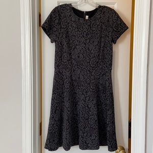LOFT gray and black fit and flare floral dress - beautiful winter/holiday dress